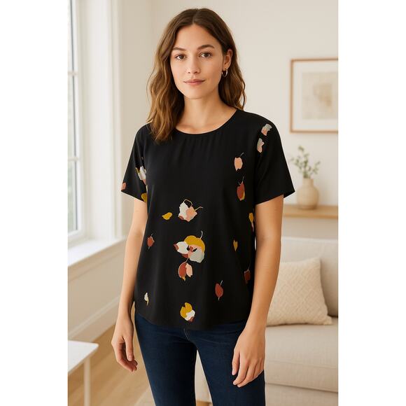 Madewell Silk Floral Abstract Artsy Top | Short Sleeve Blouse Black | XS - Picture 1 of 11